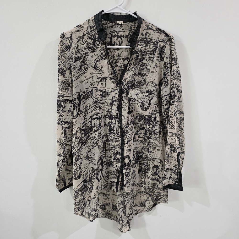 Womens Sheer Printed‎ Button Up Top Medium Faux Leather Trim Fringe Art Abstract